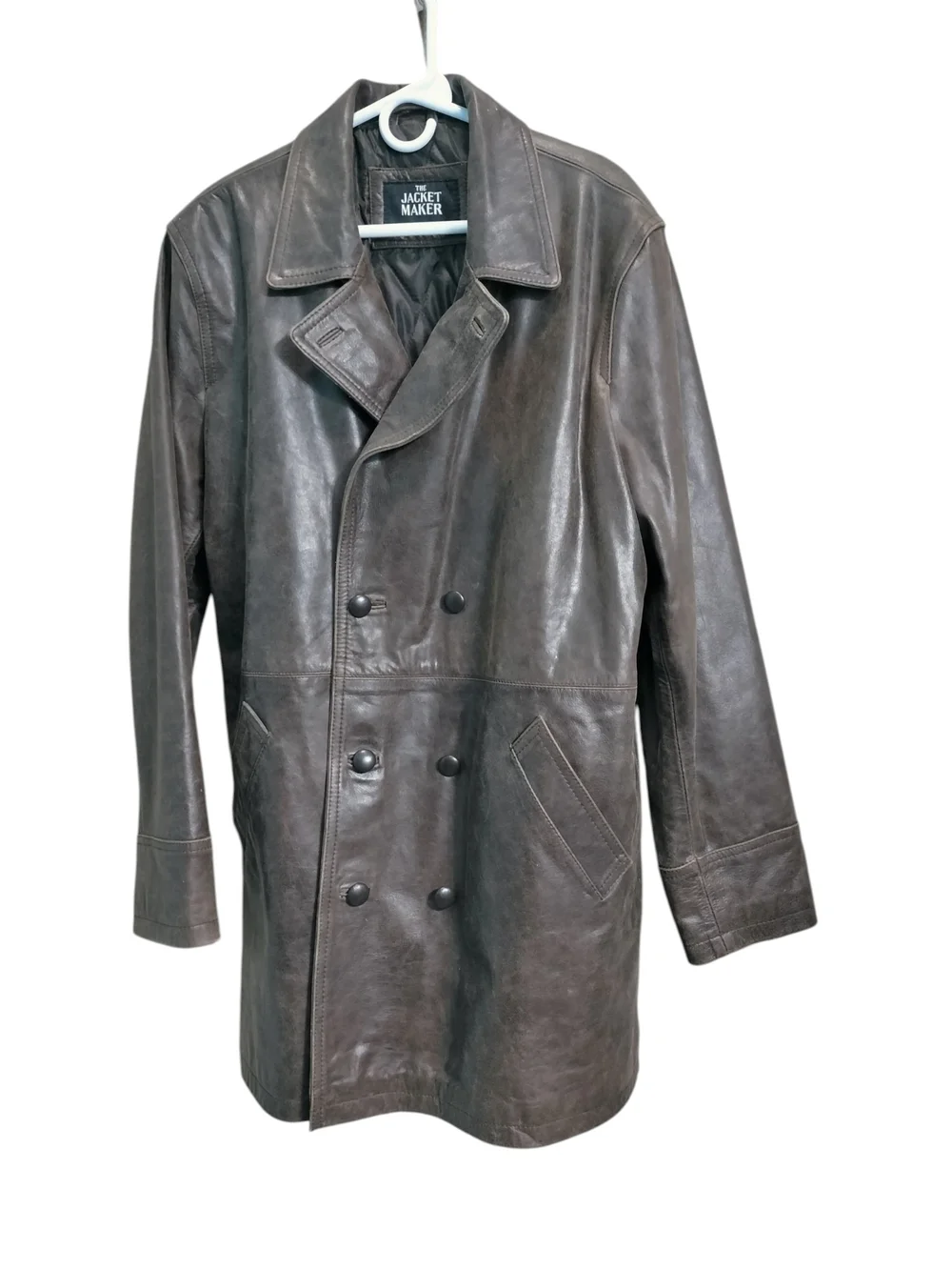 The Jacket Maker Men's Dark Brown Leather Double-Breasted Pea Coat